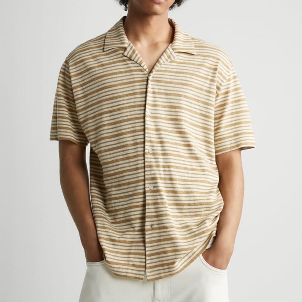 Zara Striped Cotton Linen Knit Button Up T Shirt Tan Large Short Sleeve Camp